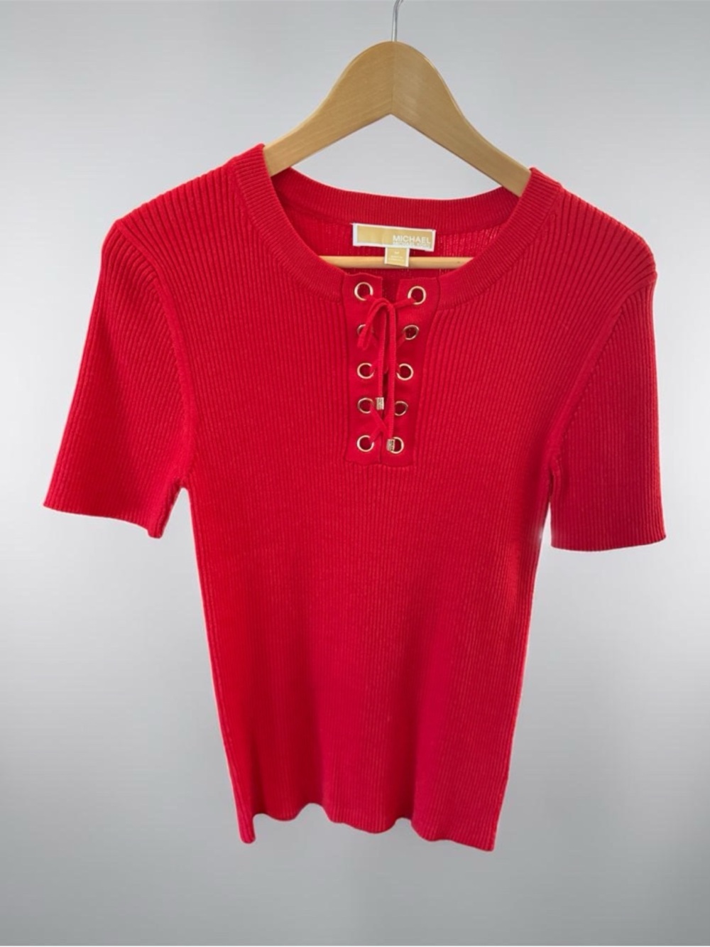 New Michael Kors Bright Red Ribbed Short Sleeve Top with Lace-Up Front